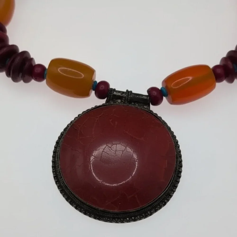 🌍 Ethnic Tribal Statement Choker Necklace - Amber & Red Wood Beads
